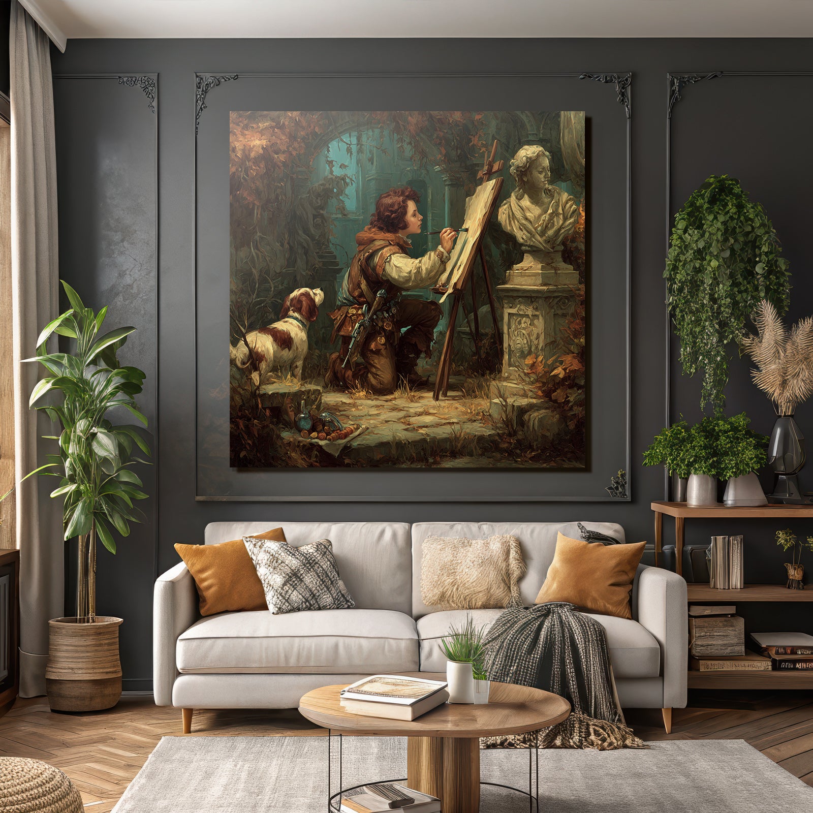 Young artist paints in overgrown room with dog and sculptures