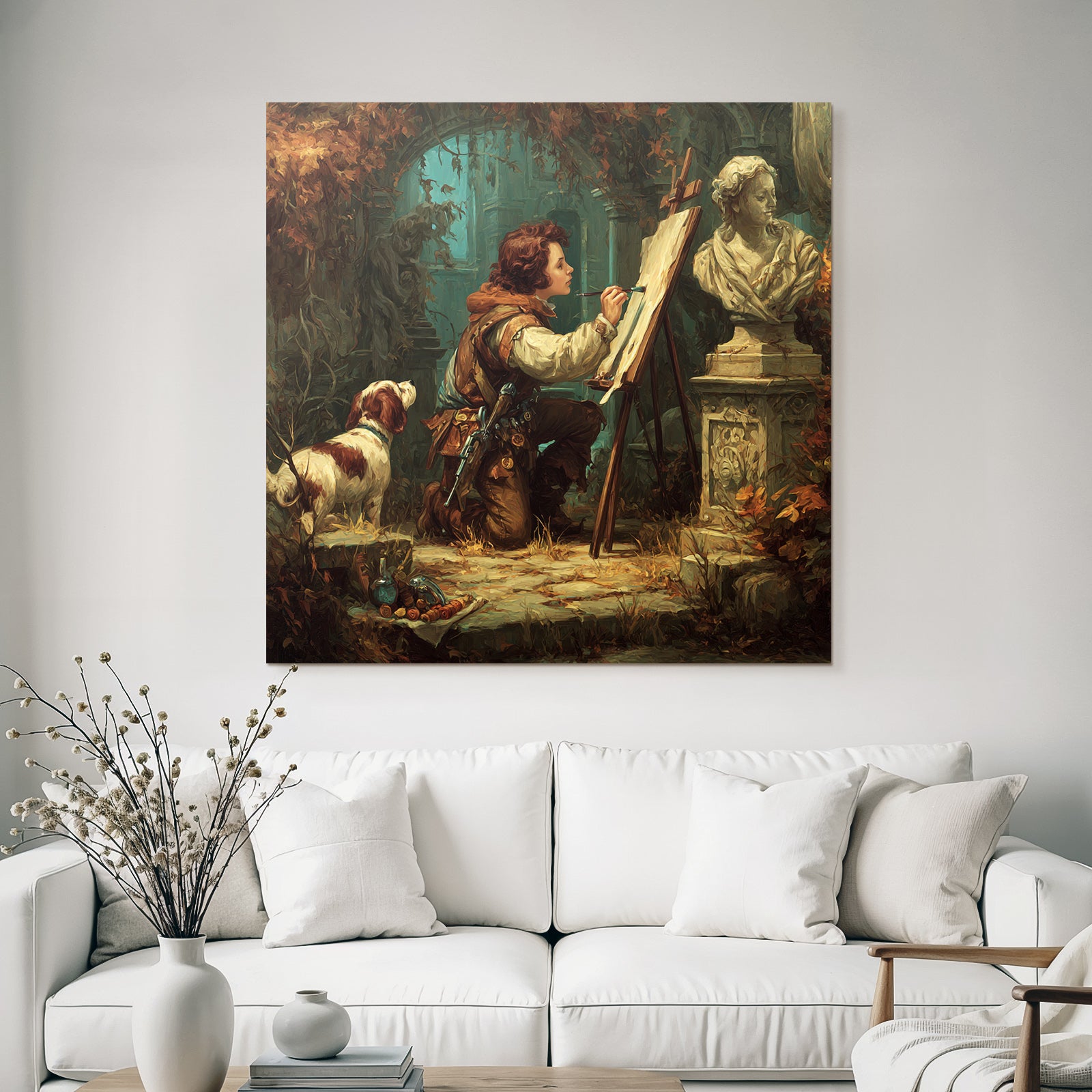 Young artist paints in overgrown room with dog and sculptures