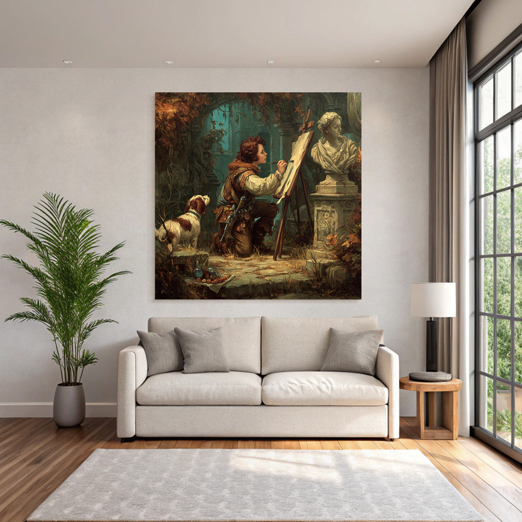 Young artist paints in overgrown room with dog and sculptures