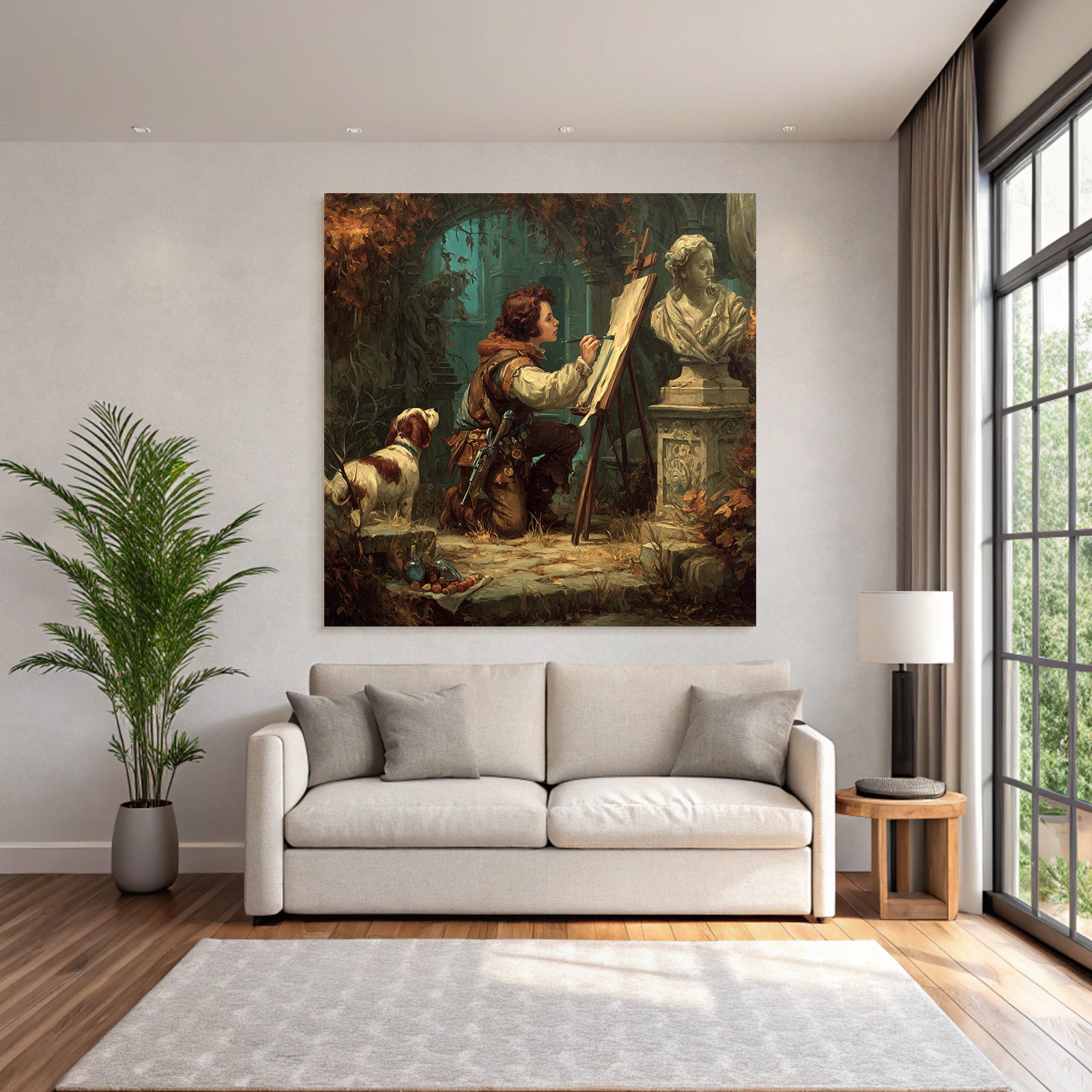 Young artist paints in overgrown room with dog and sculptures