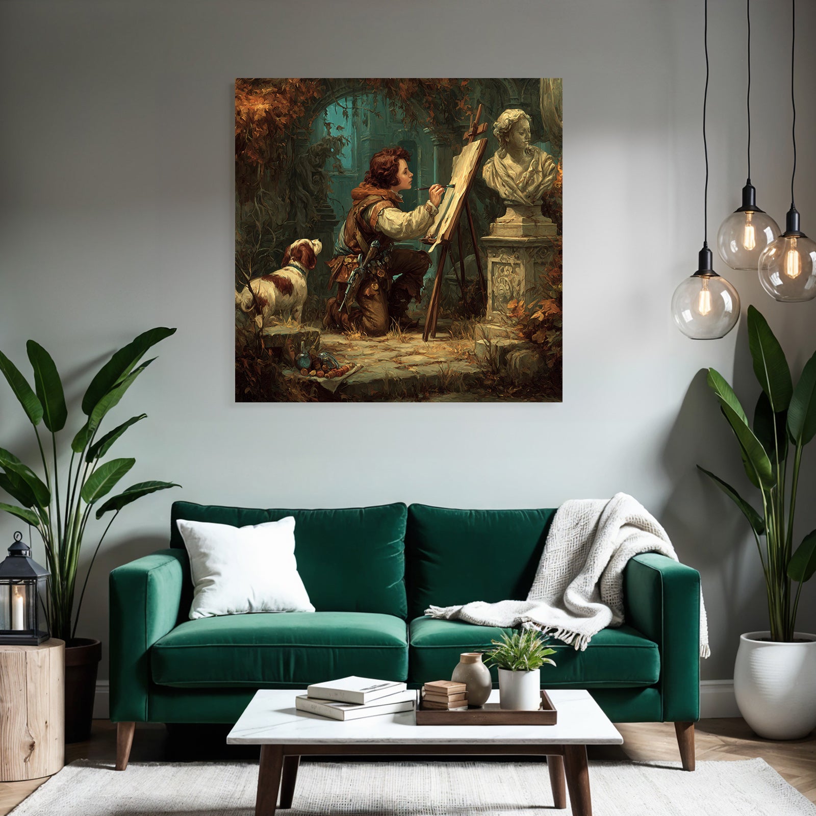 Young artist paints in overgrown room with dog and sculptures