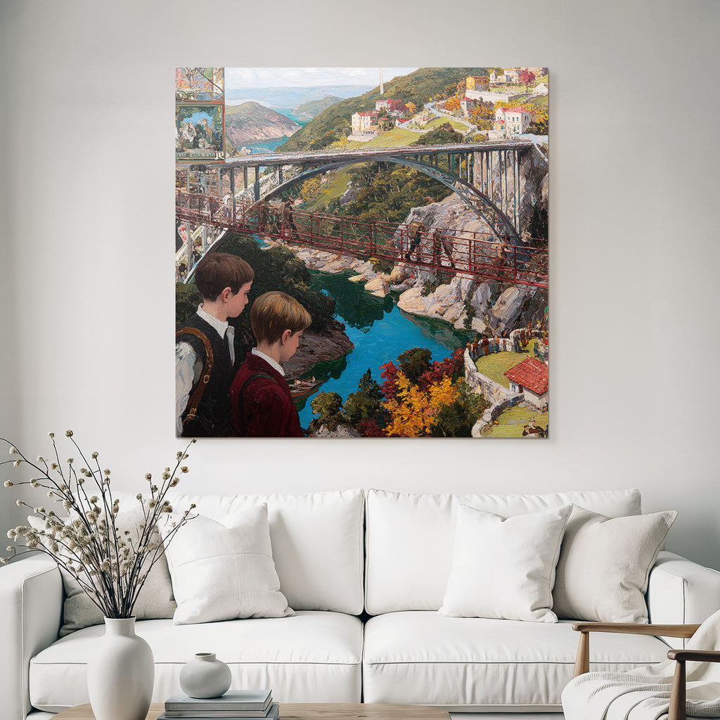 Landscape with bridge boys on adventure trip