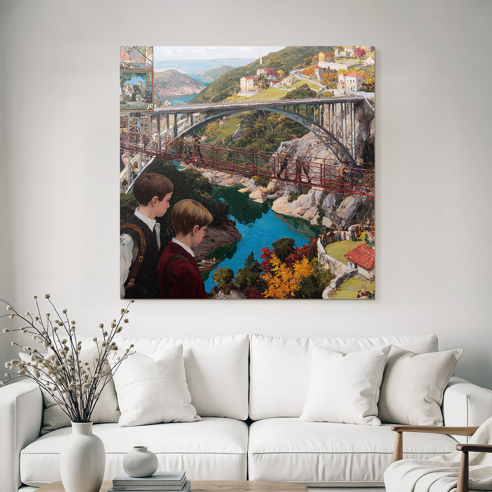 Landscape with bridge boys on adventure trip