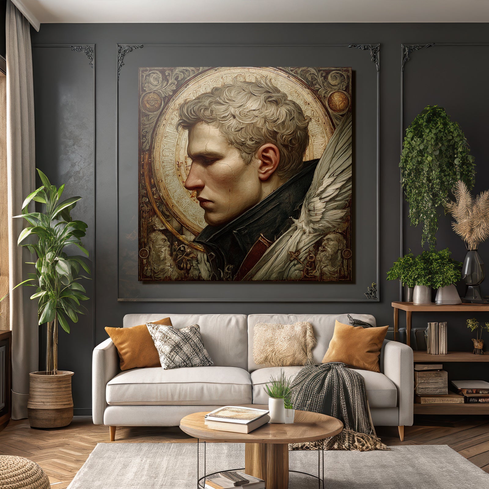 Male Figures With Stylized Features Background With Intricate Designs