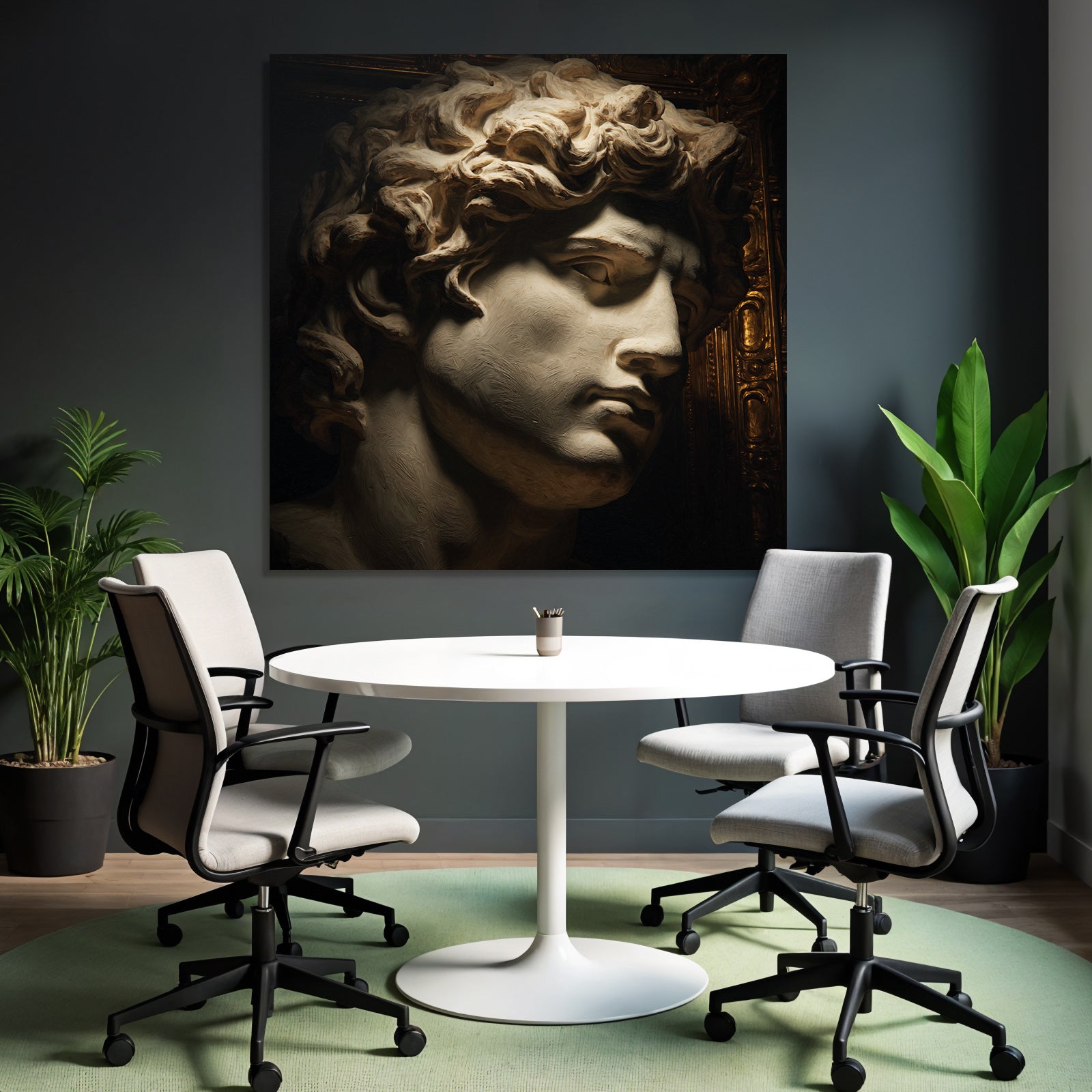 Male sculpture with curly hair and detailed features