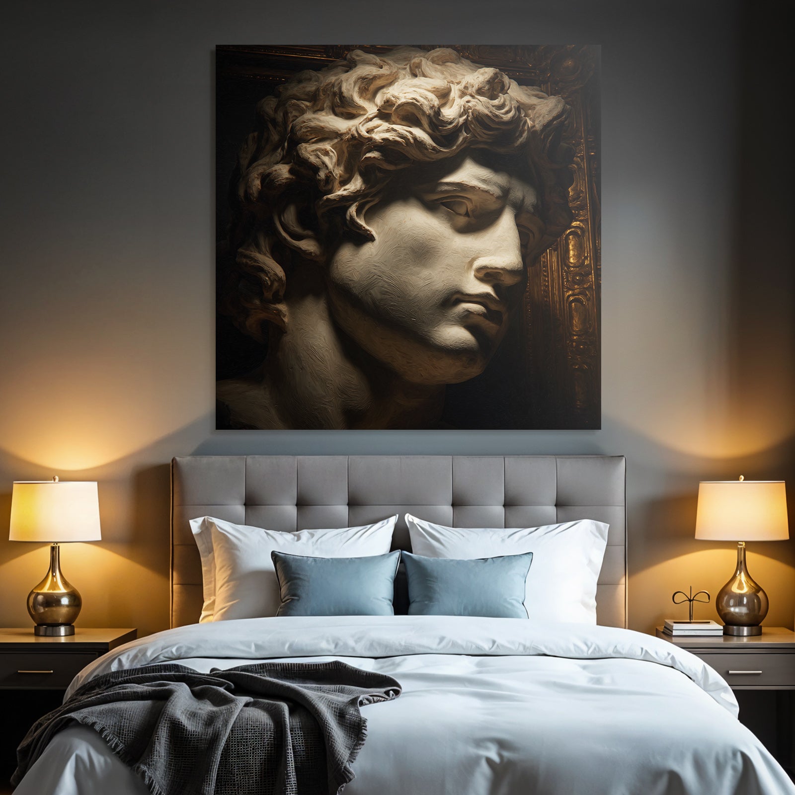 Male sculpture with curly hair and detailed features