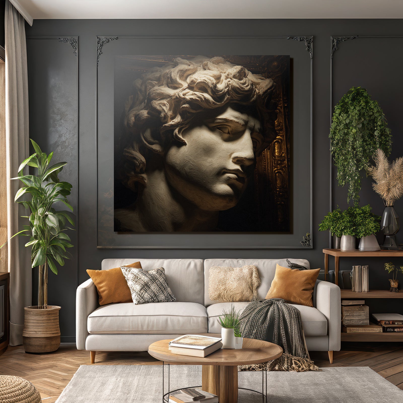 Male sculpture with curly hair and detailed features