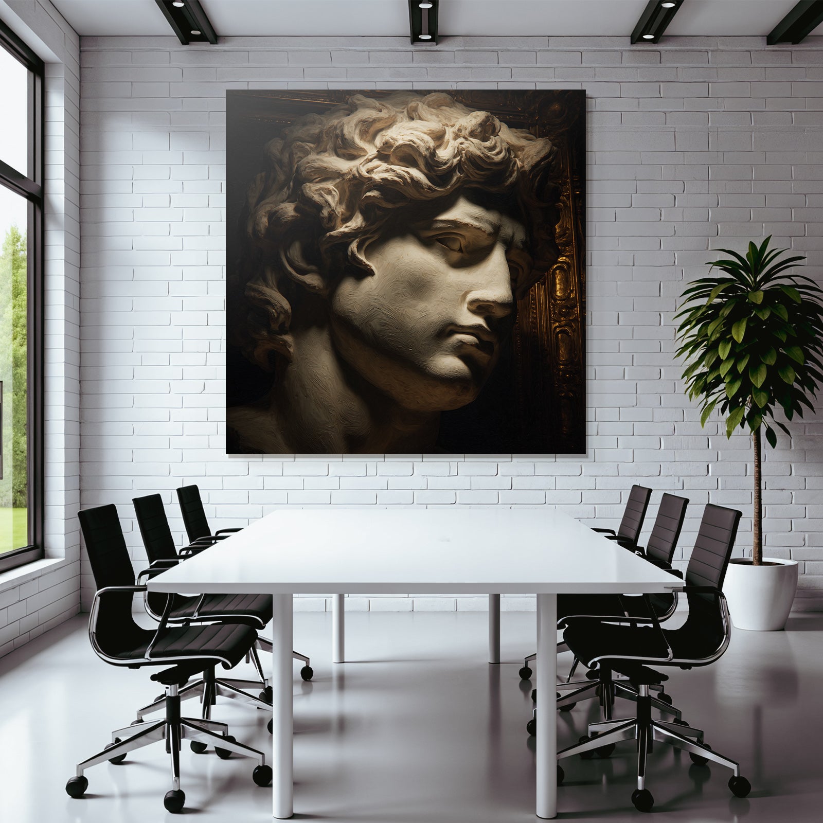 Male sculpture with curly hair and detailed features