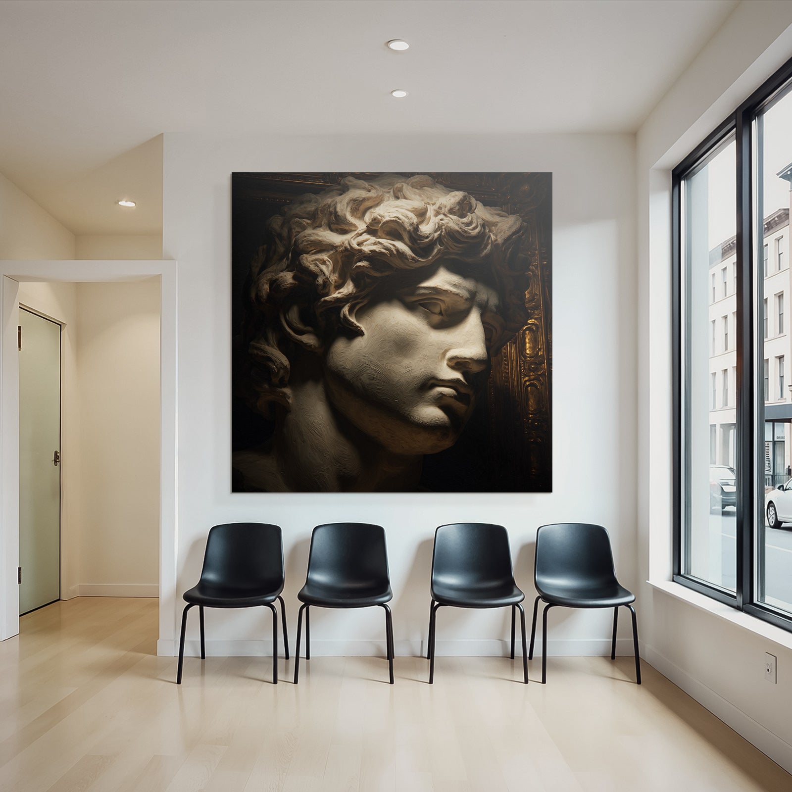 Male sculpture with curly hair and detailed features