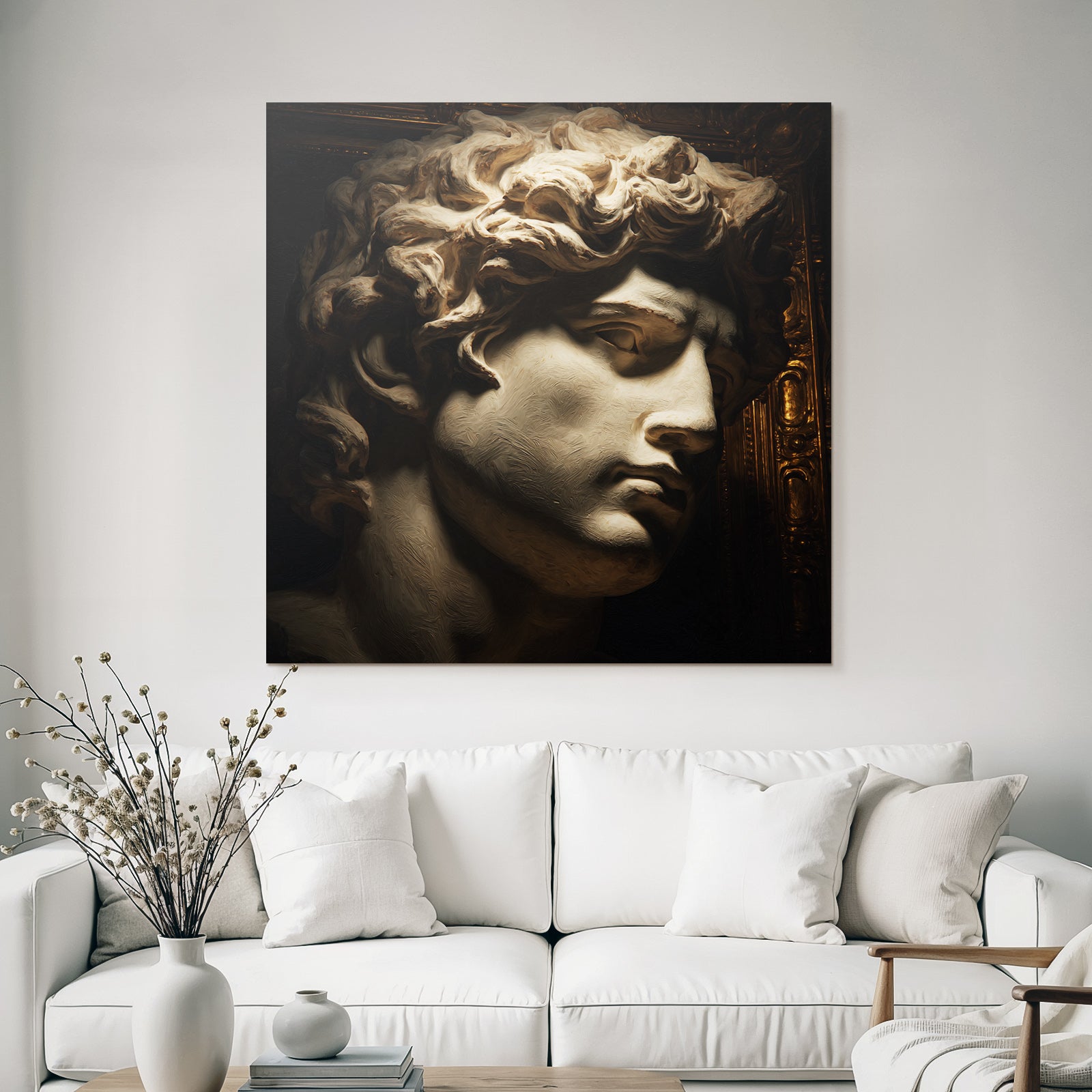 Male sculpture with curly hair and detailed features