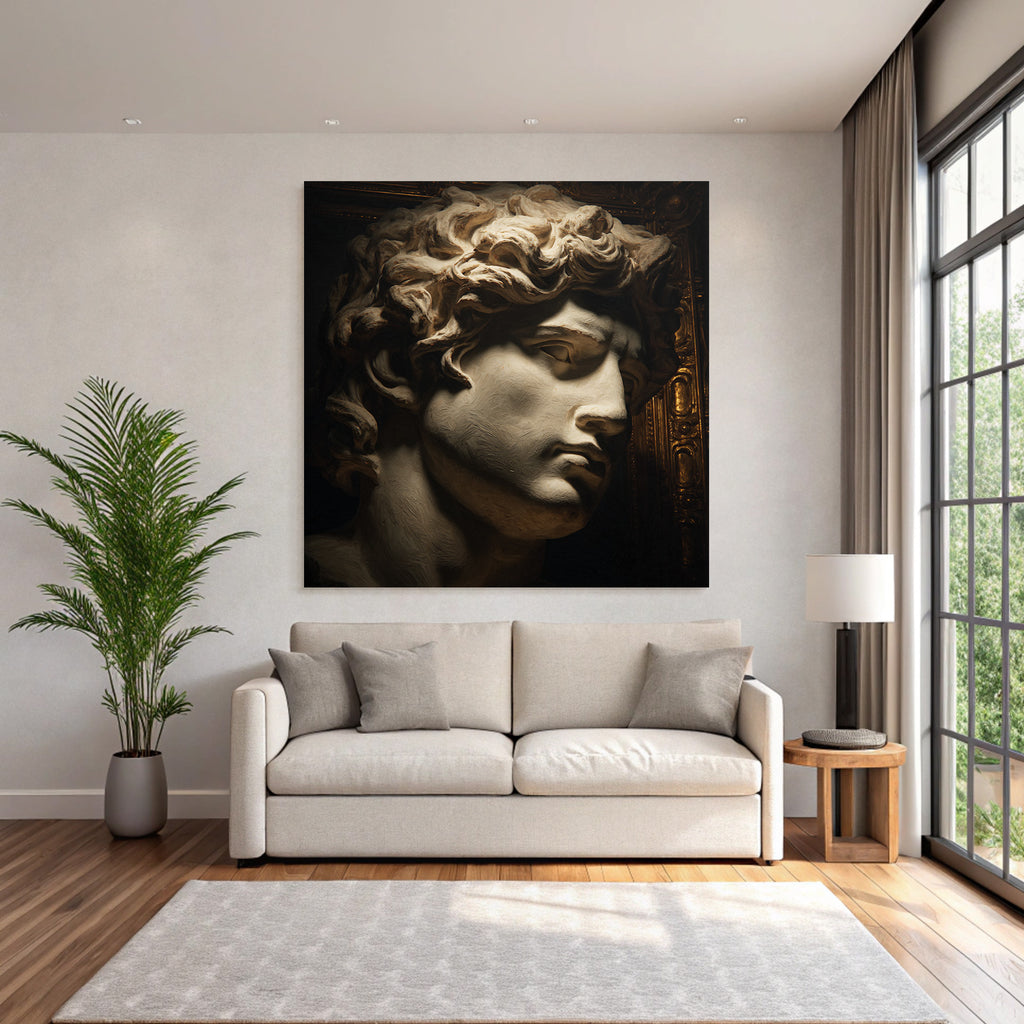 Male sculpture with curly hair and detailed features