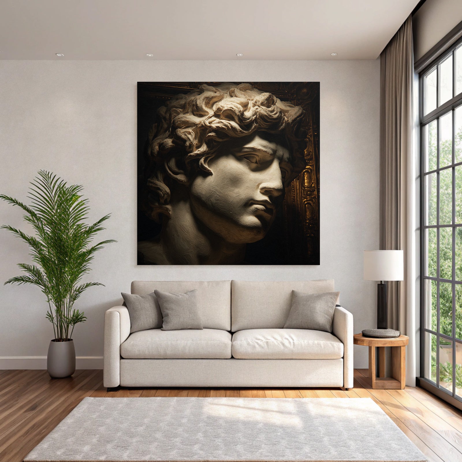 Male sculpture with curly hair and detailed features