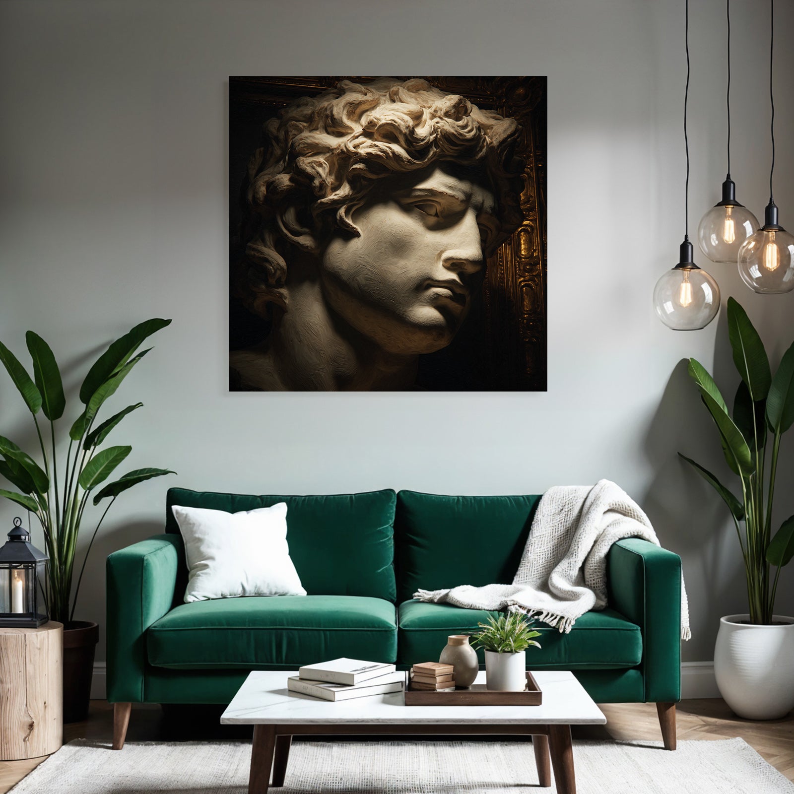 Male sculpture with curly hair and detailed features