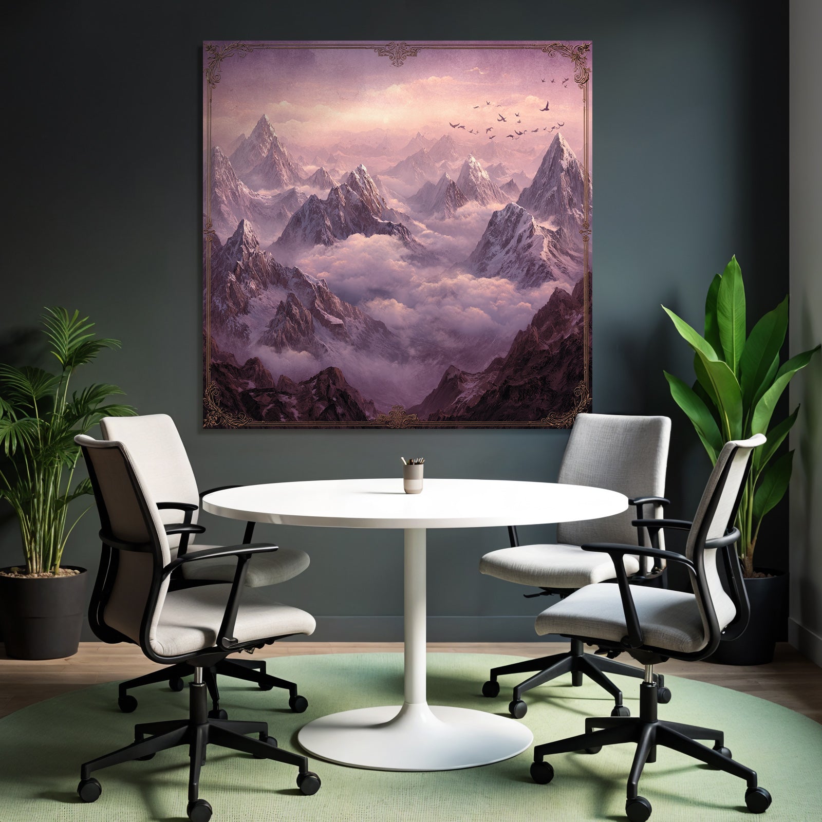 Majestic landscape with snow-capped mountains and birds in the sky