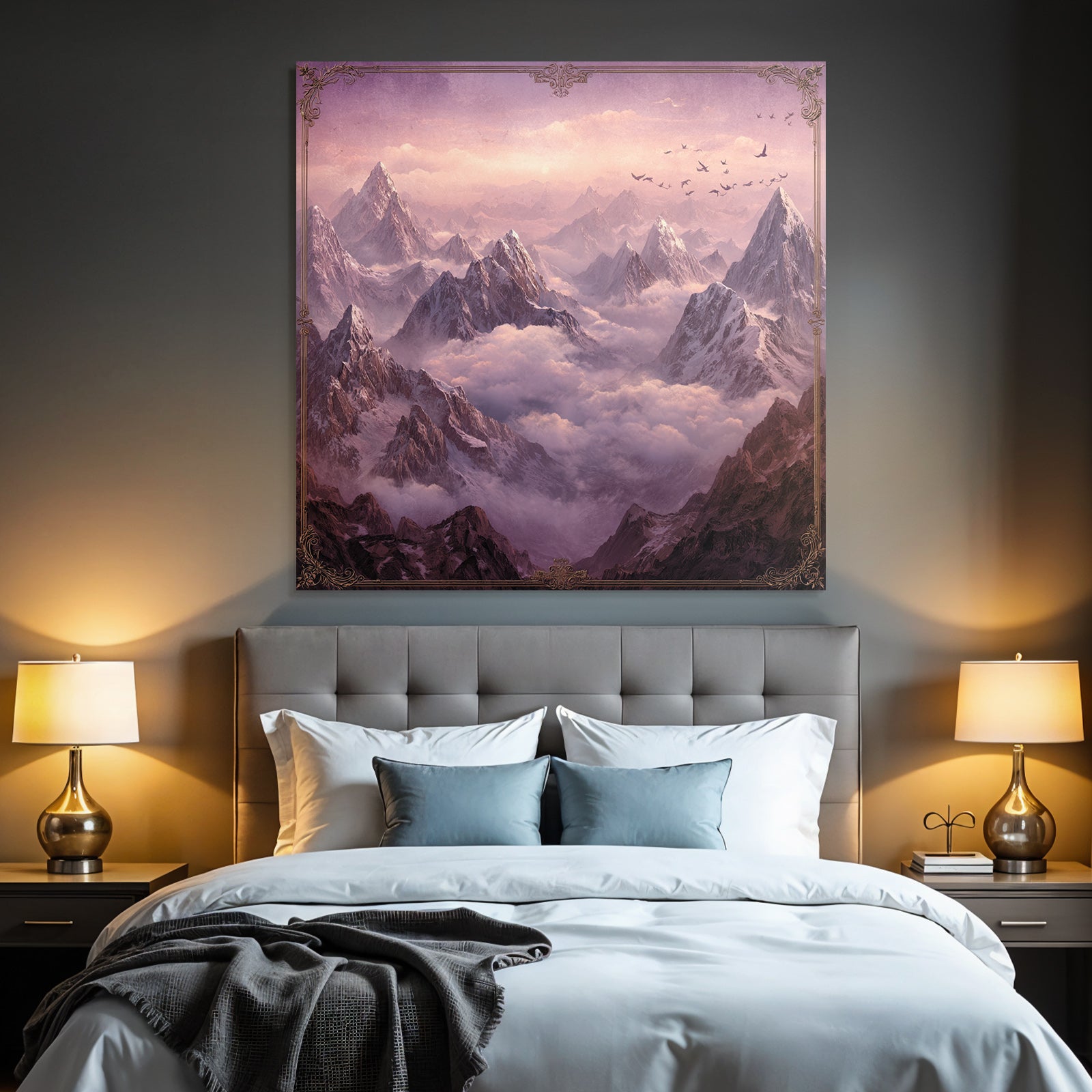 Majestic landscape with snow-capped mountains and birds in the sky