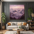Majestic landscape with snow-capped mountains and birds in the sky