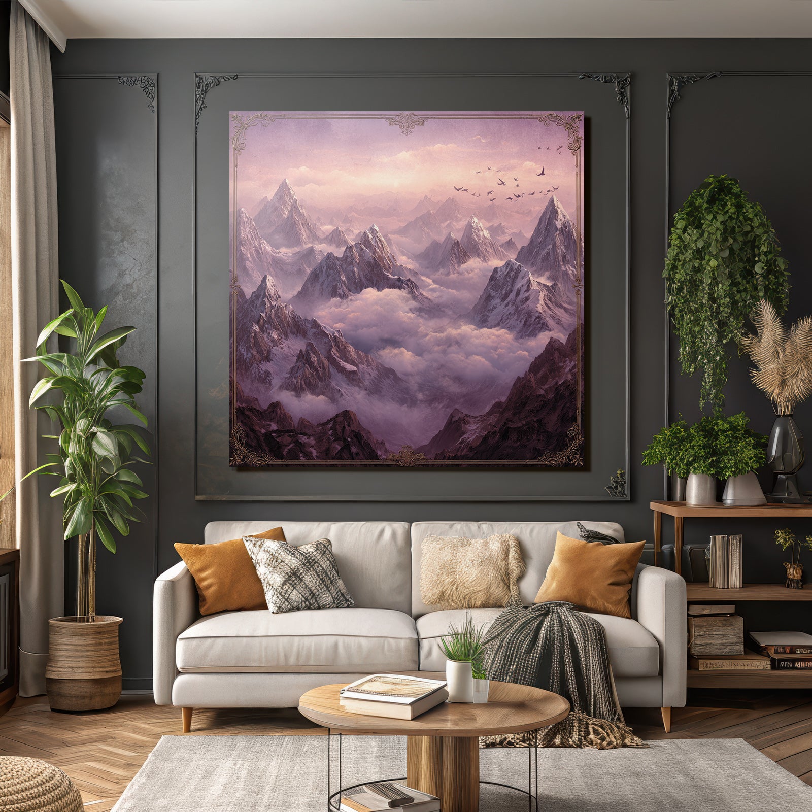 Majestic landscape with snow-capped mountains and birds in the sky