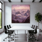 Majestic landscape with snow-capped mountains and birds in the sky