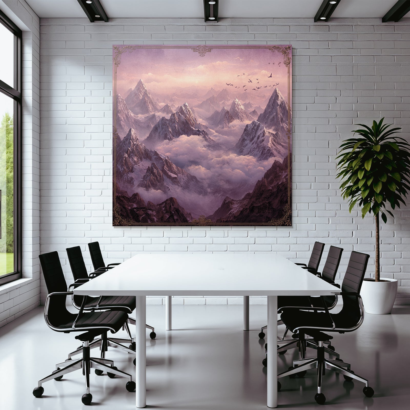 Majestic landscape with snow-capped mountains and birds in the sky