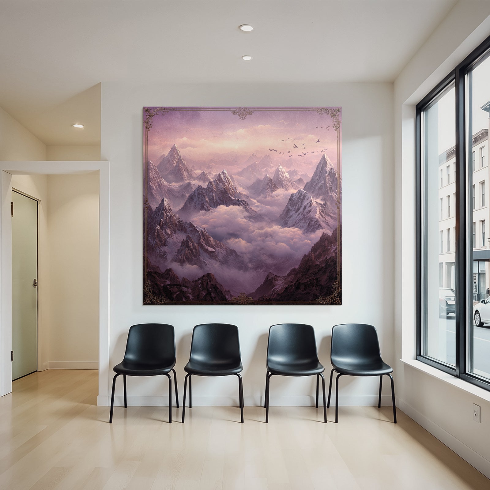Majestic landscape with snow-capped mountains and birds in the sky