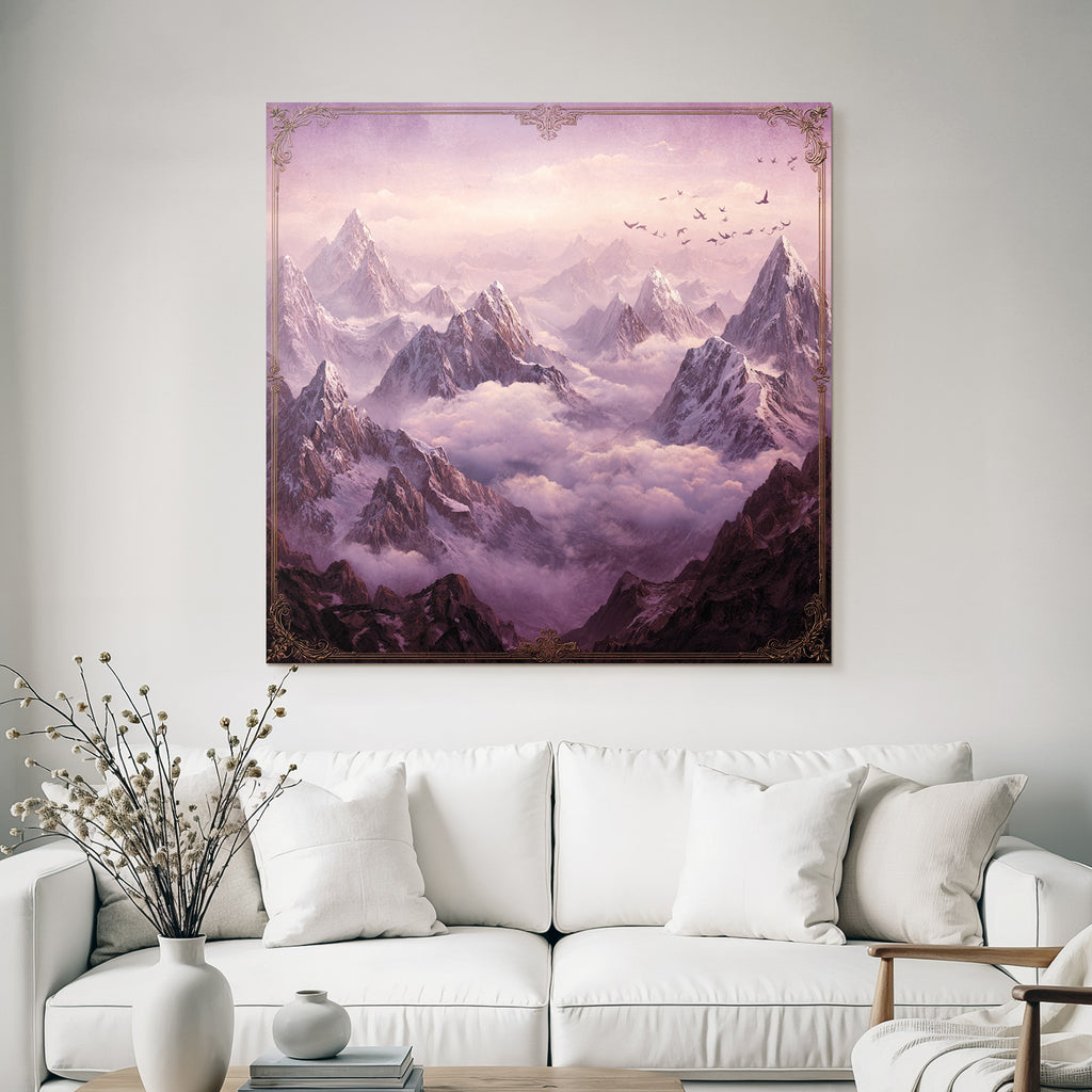 Majestic landscape with snow-capped mountains and birds in the sky
