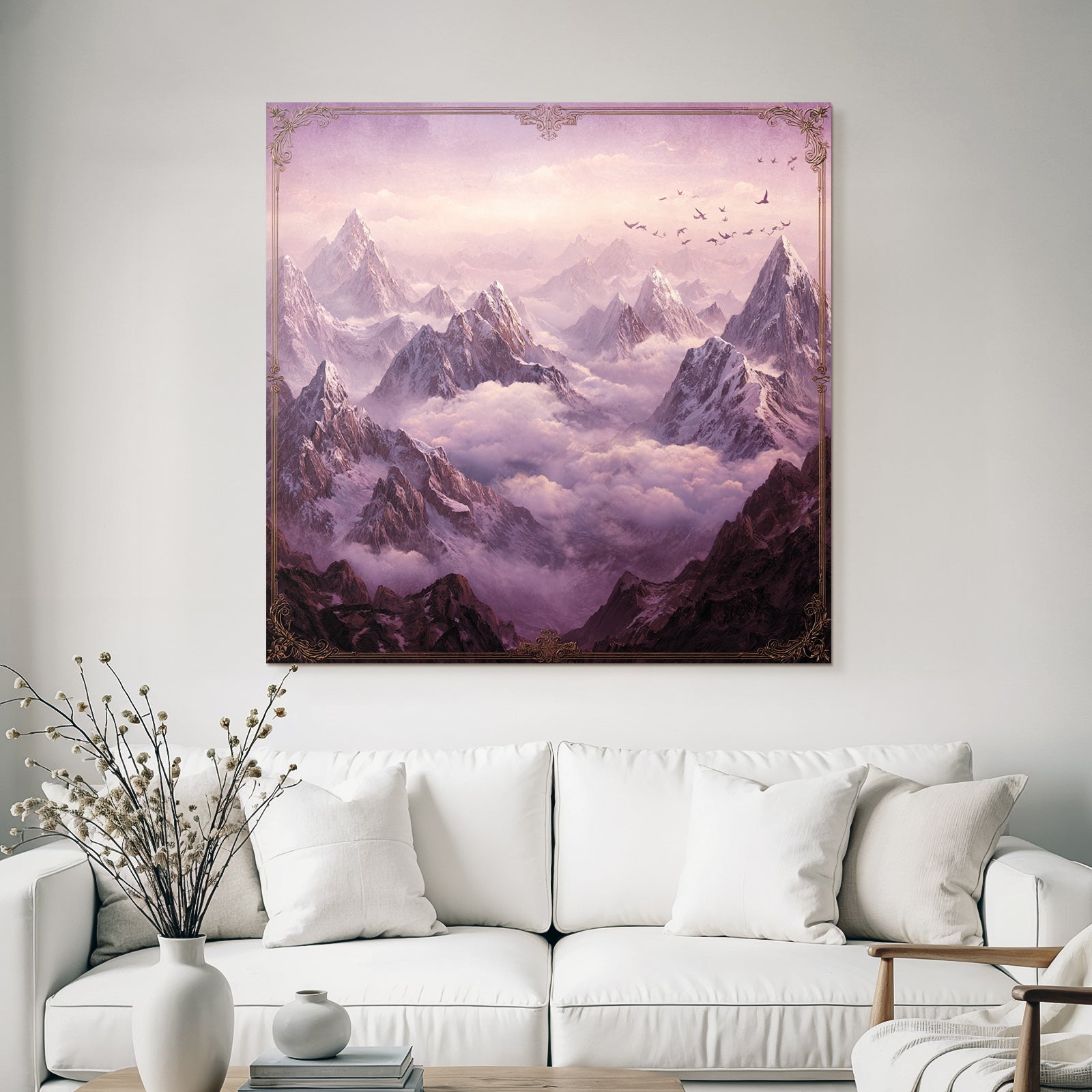 Majestic landscape with snow-capped mountains and birds in the sky