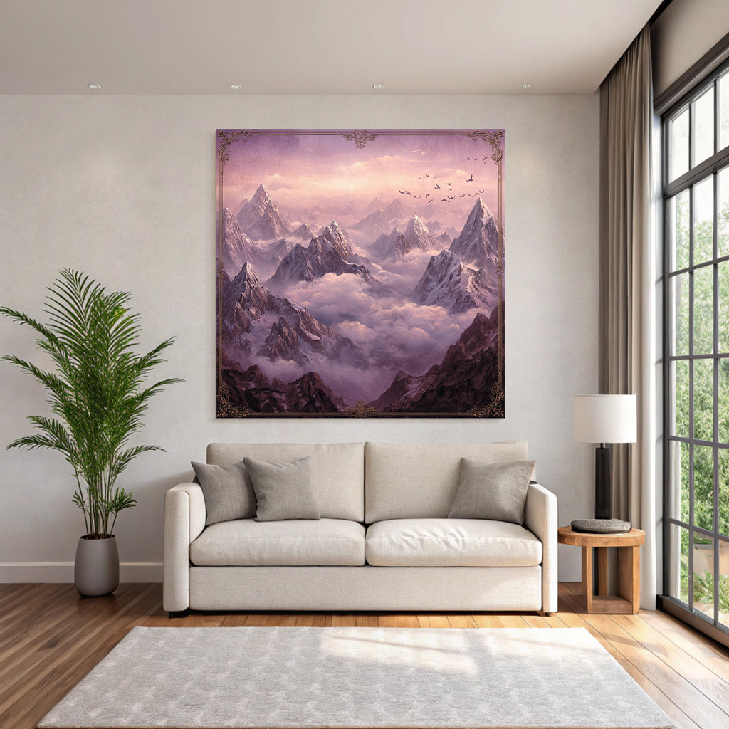 Majestic landscape with snow-capped mountains and birds in the sky