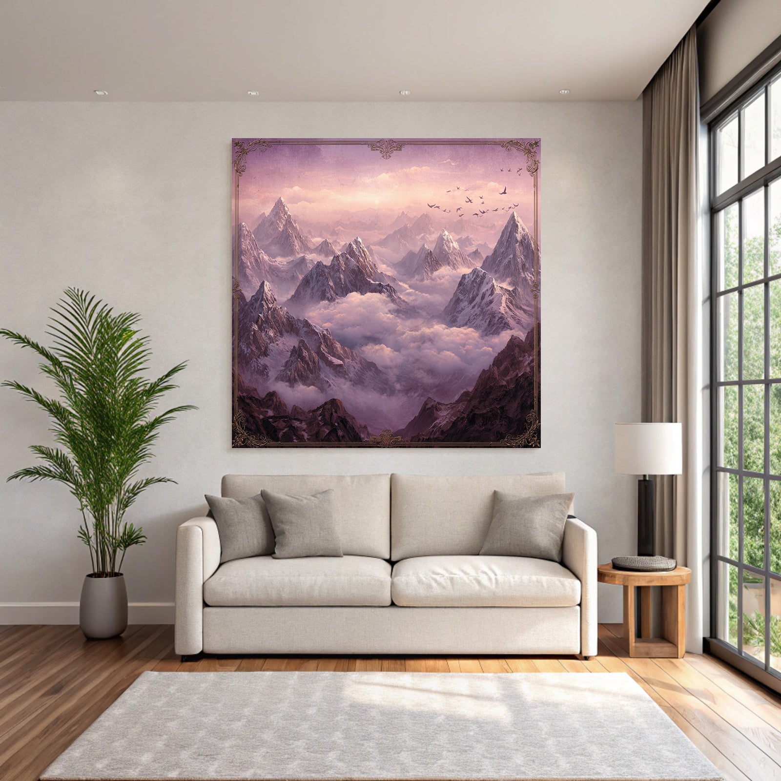 Majestic landscape with snow-capped mountains and birds in the sky