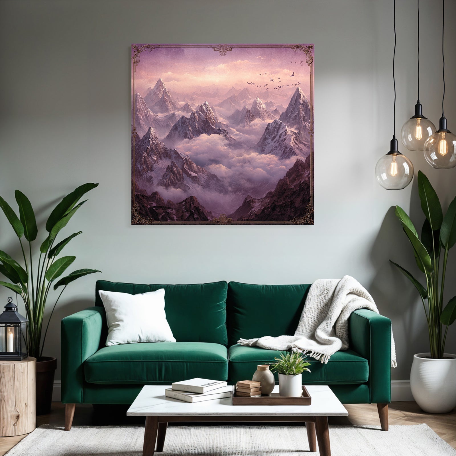 Majestic landscape with snow-capped mountains and birds in the sky