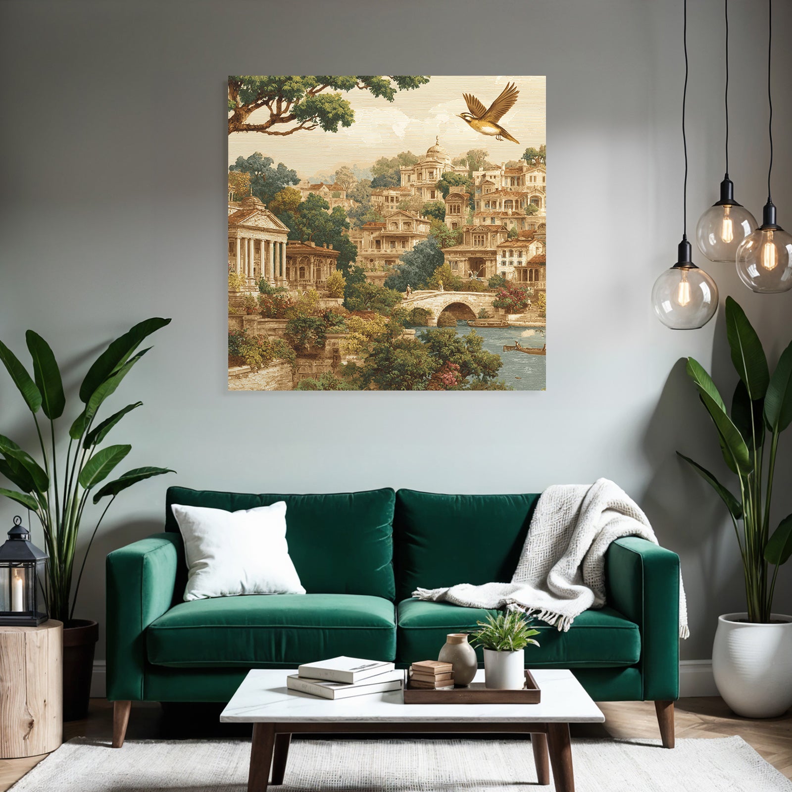 Picturesque landscape with architecture and green surroundings