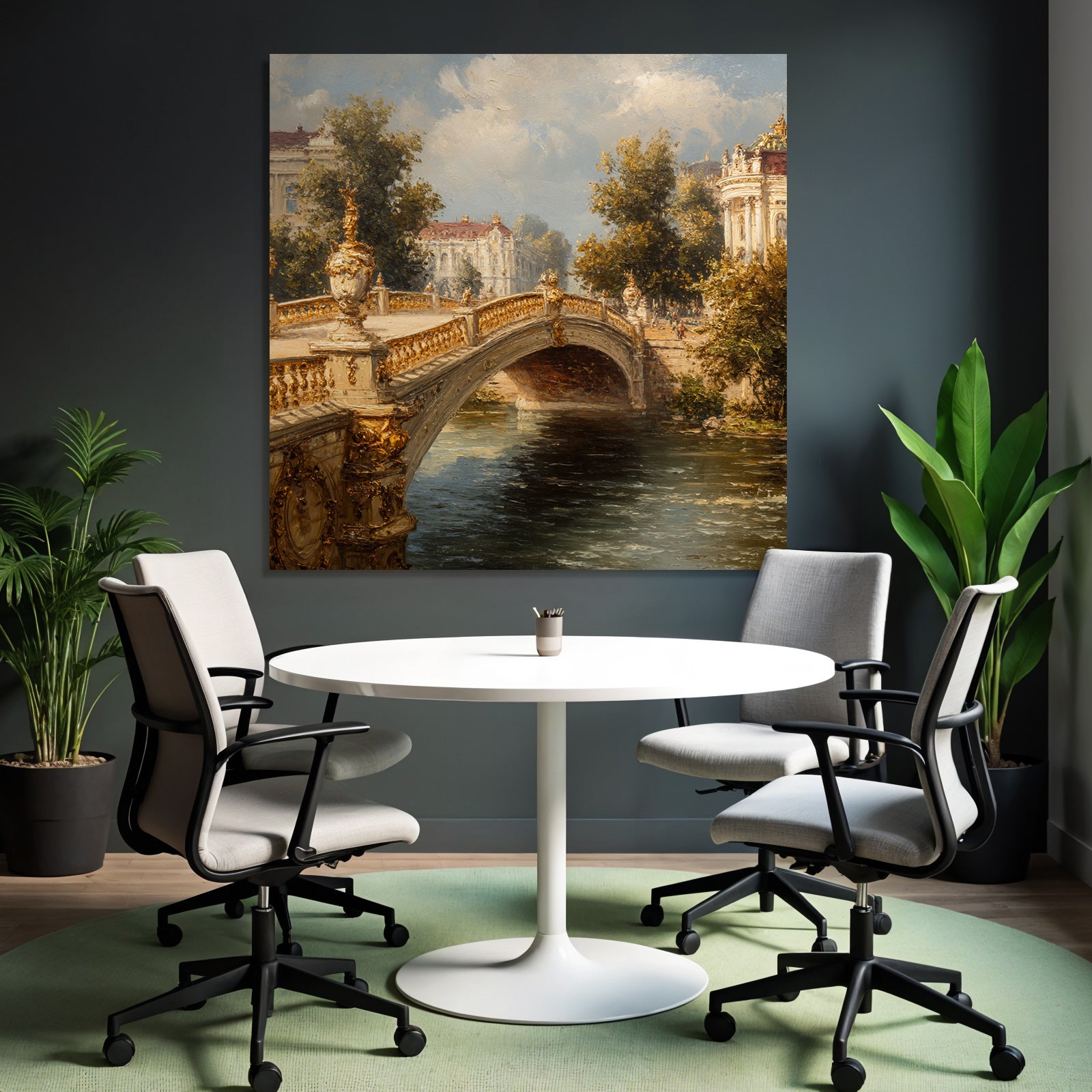 Picturesque landscape with bridge and architecture