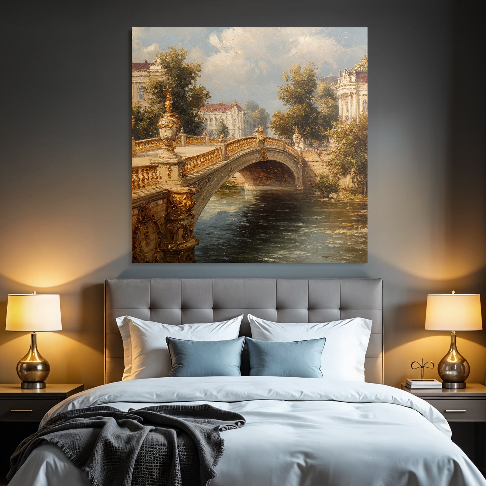 Picturesque landscape with bridge and architecture