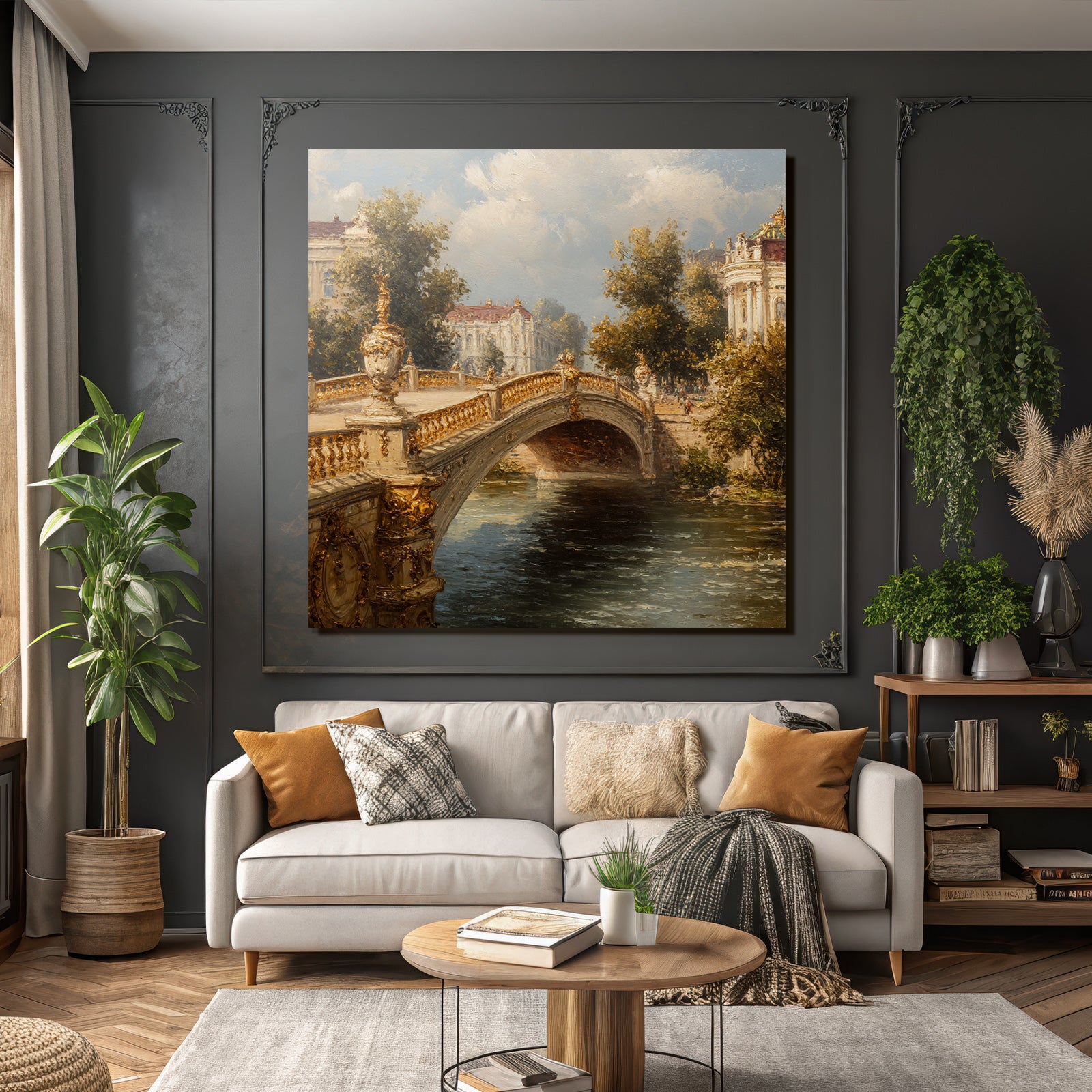 Picturesque landscape with bridge and architecture