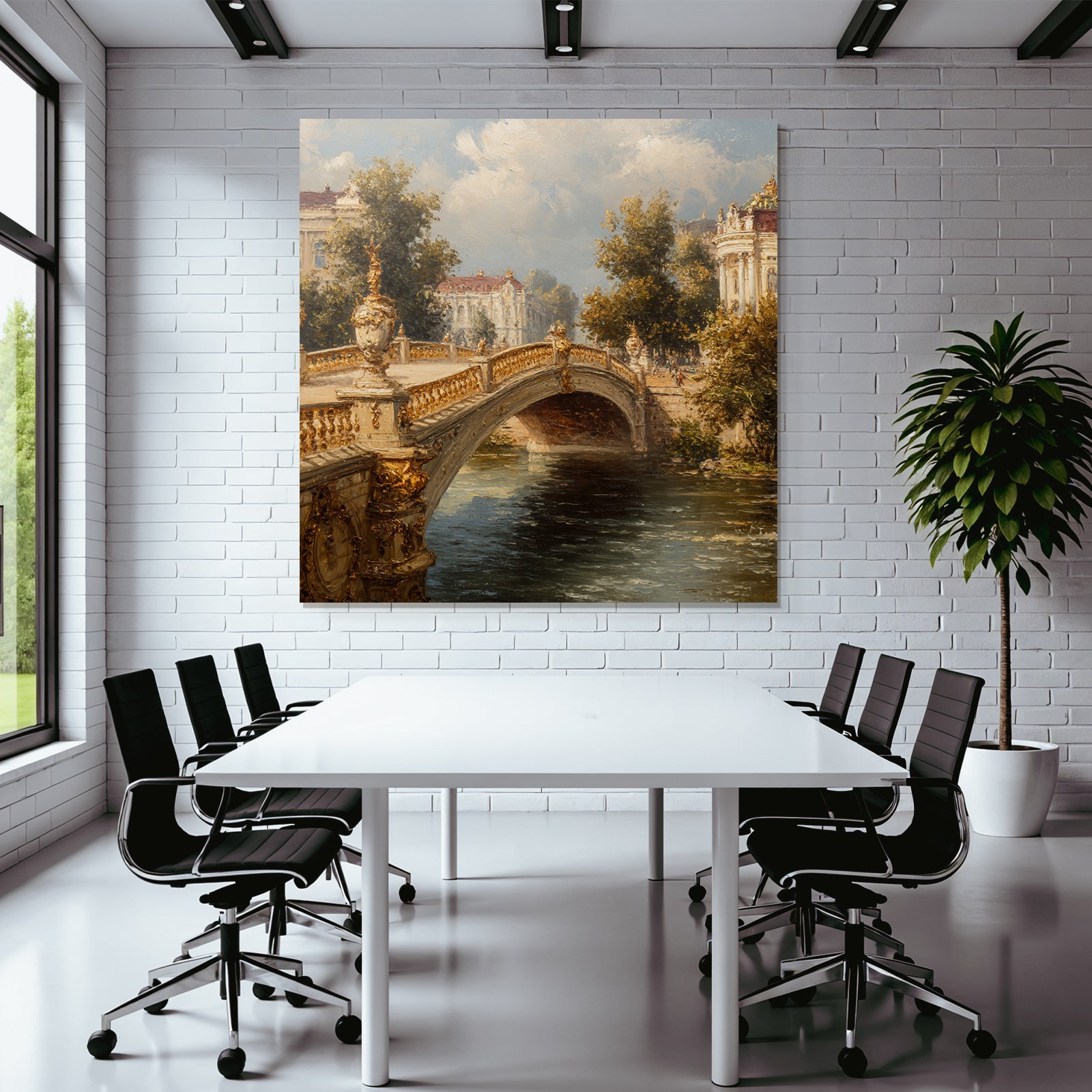 Picturesque landscape with bridge and architecture