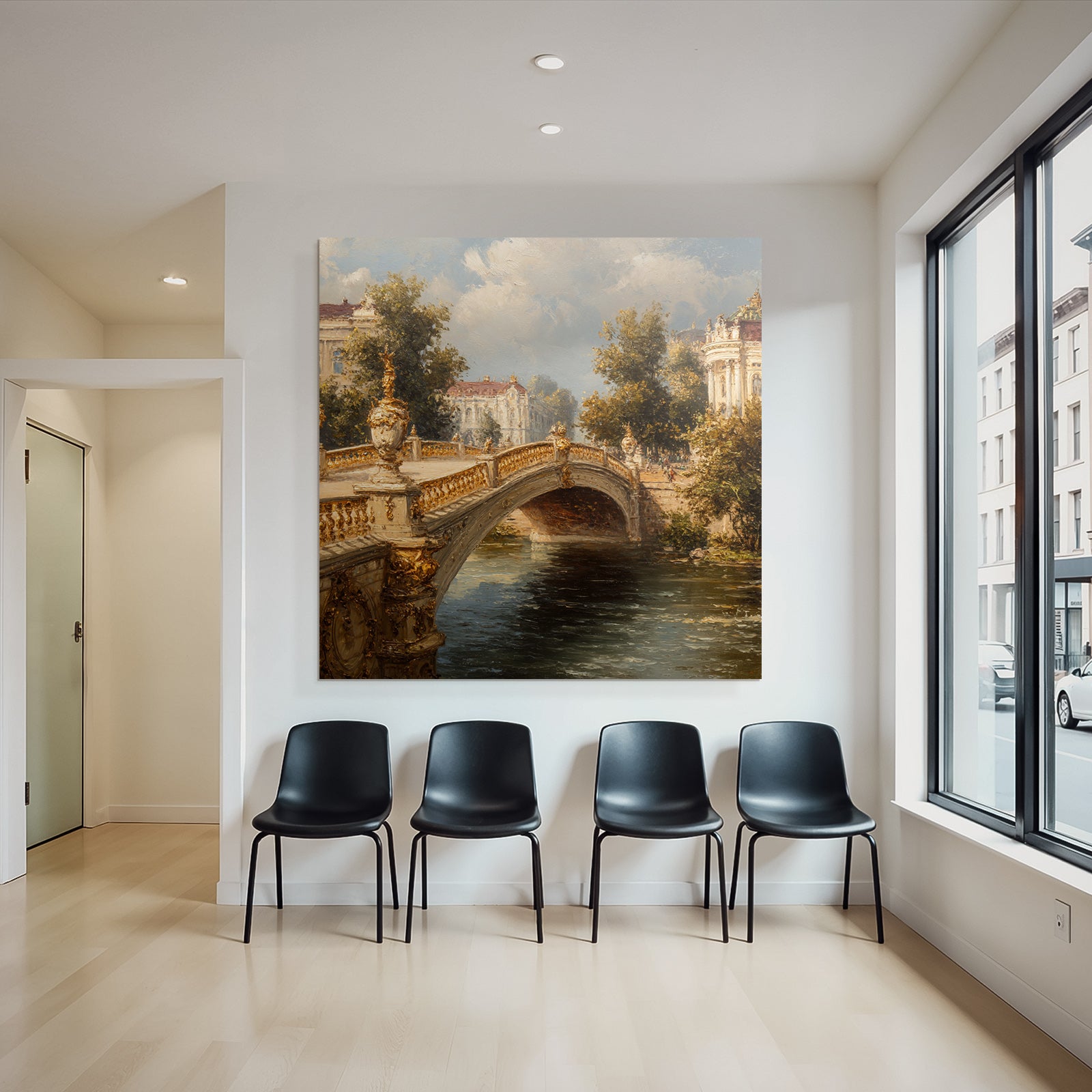 Picturesque landscape with bridge and architecture