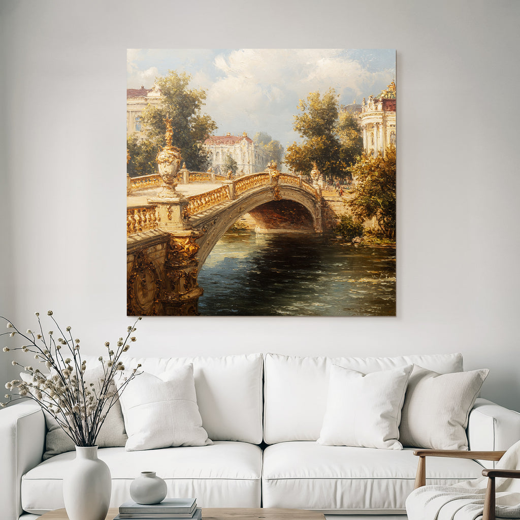 Picturesque landscape with bridge and architecture