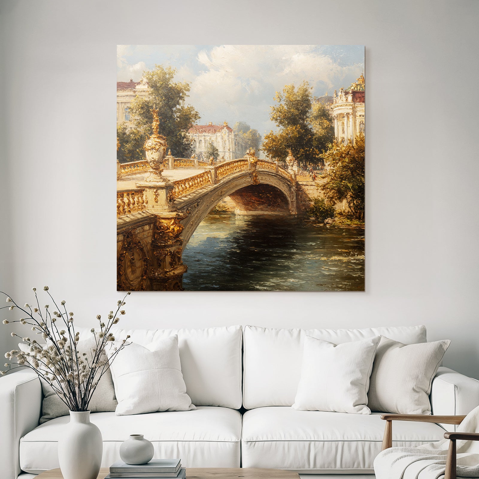 Picturesque landscape with bridge and architecture