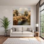 Picturesque landscape with bridge and architecture