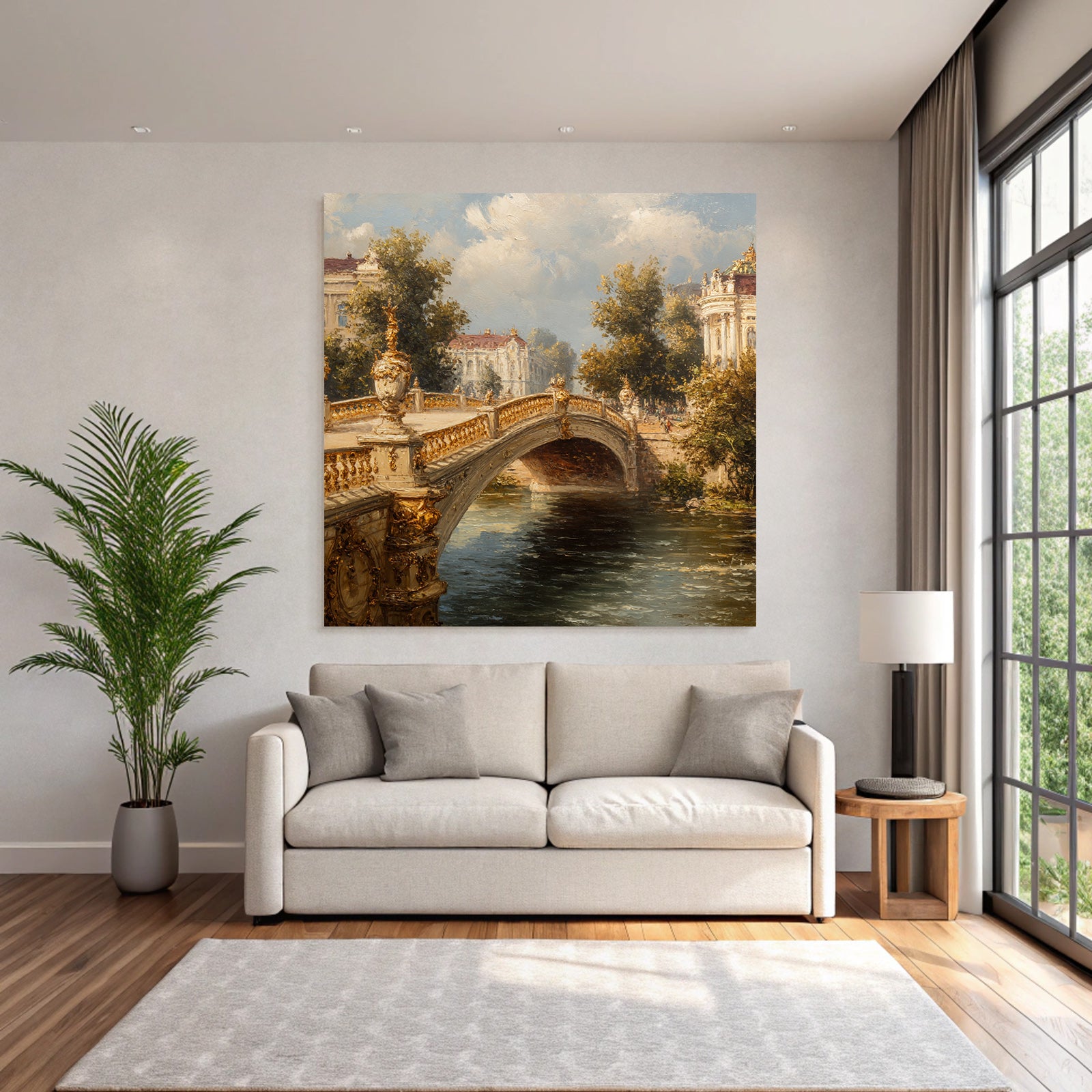 Picturesque landscape with bridge and architecture