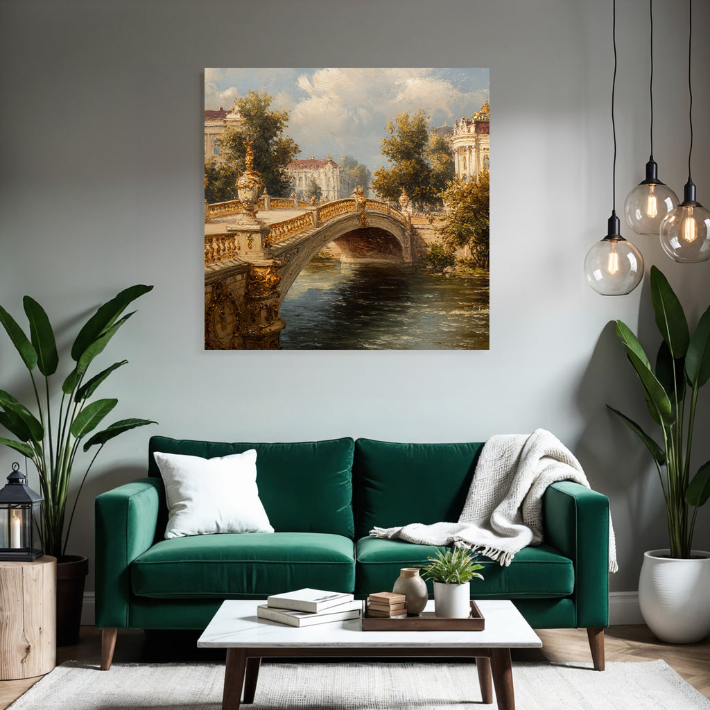 Picturesque landscape with bridge and architecture