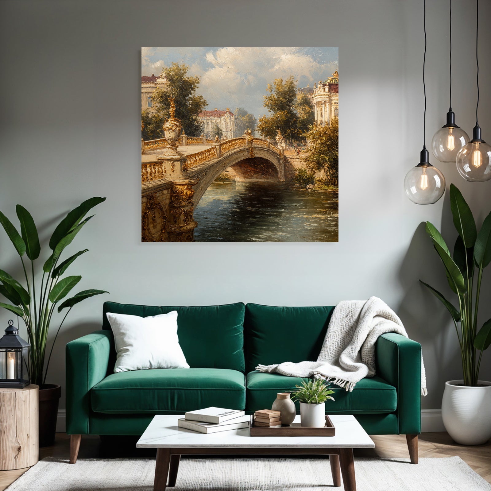 Picturesque landscape with bridge and architecture