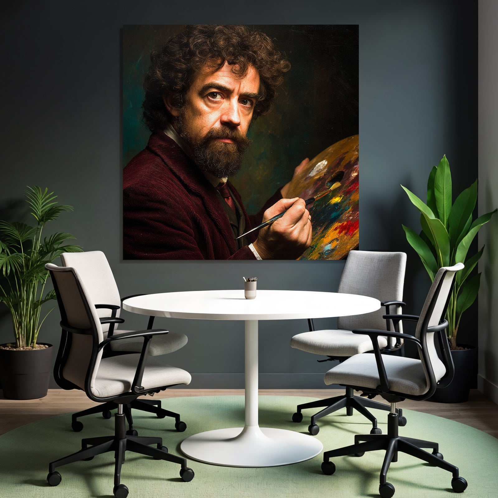 Man with curly hair and beard with paint palette and brush