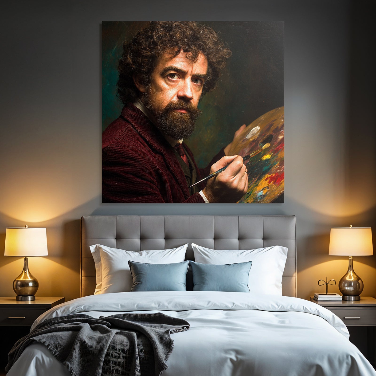 Man with curly hair and beard with paint palette and brush