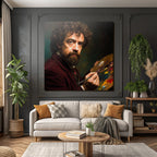 Man with curly hair and beard with paint palette and brush