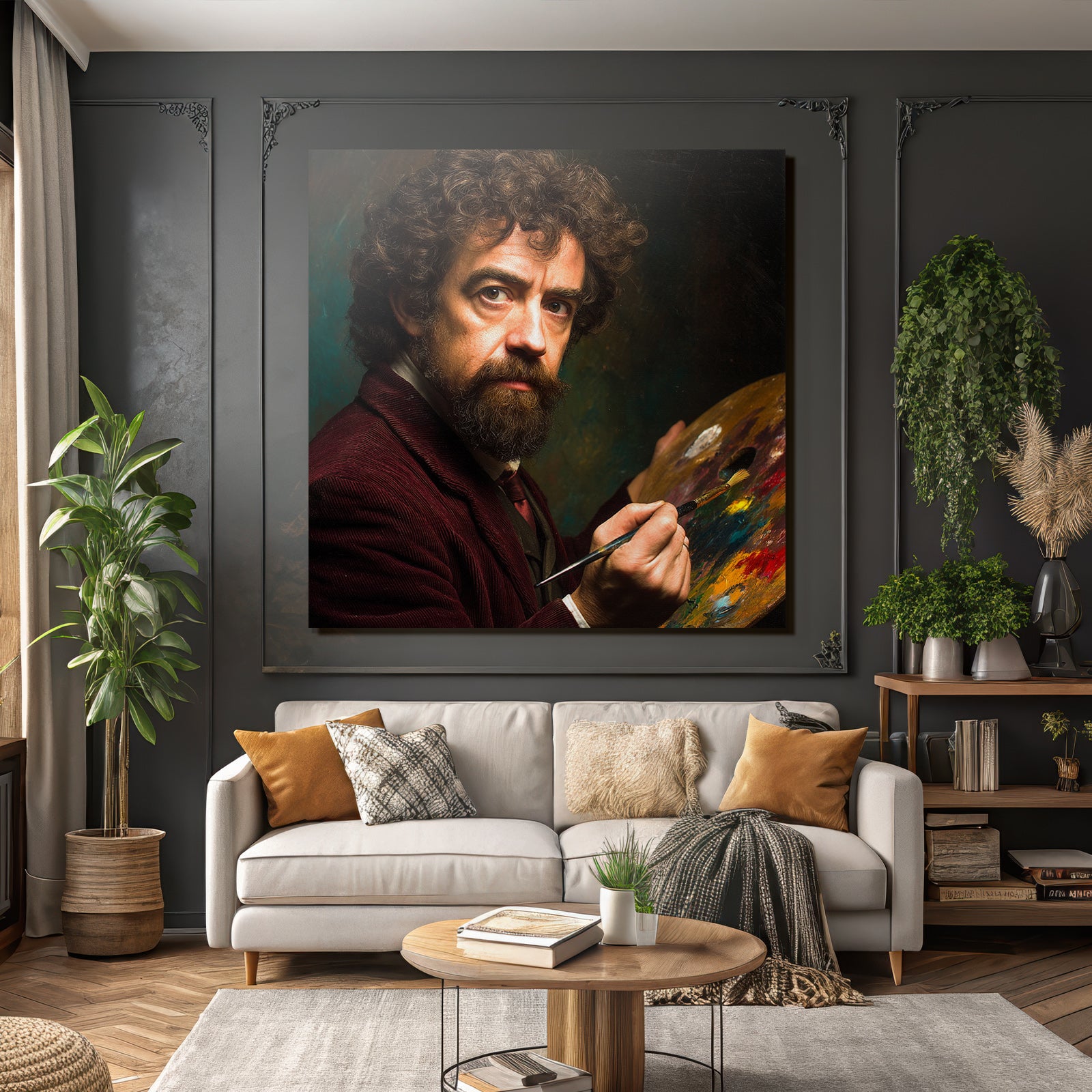 Man with curly hair and beard with paint palette and brush
