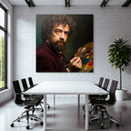 Man with curly hair and beard with paint palette and brush