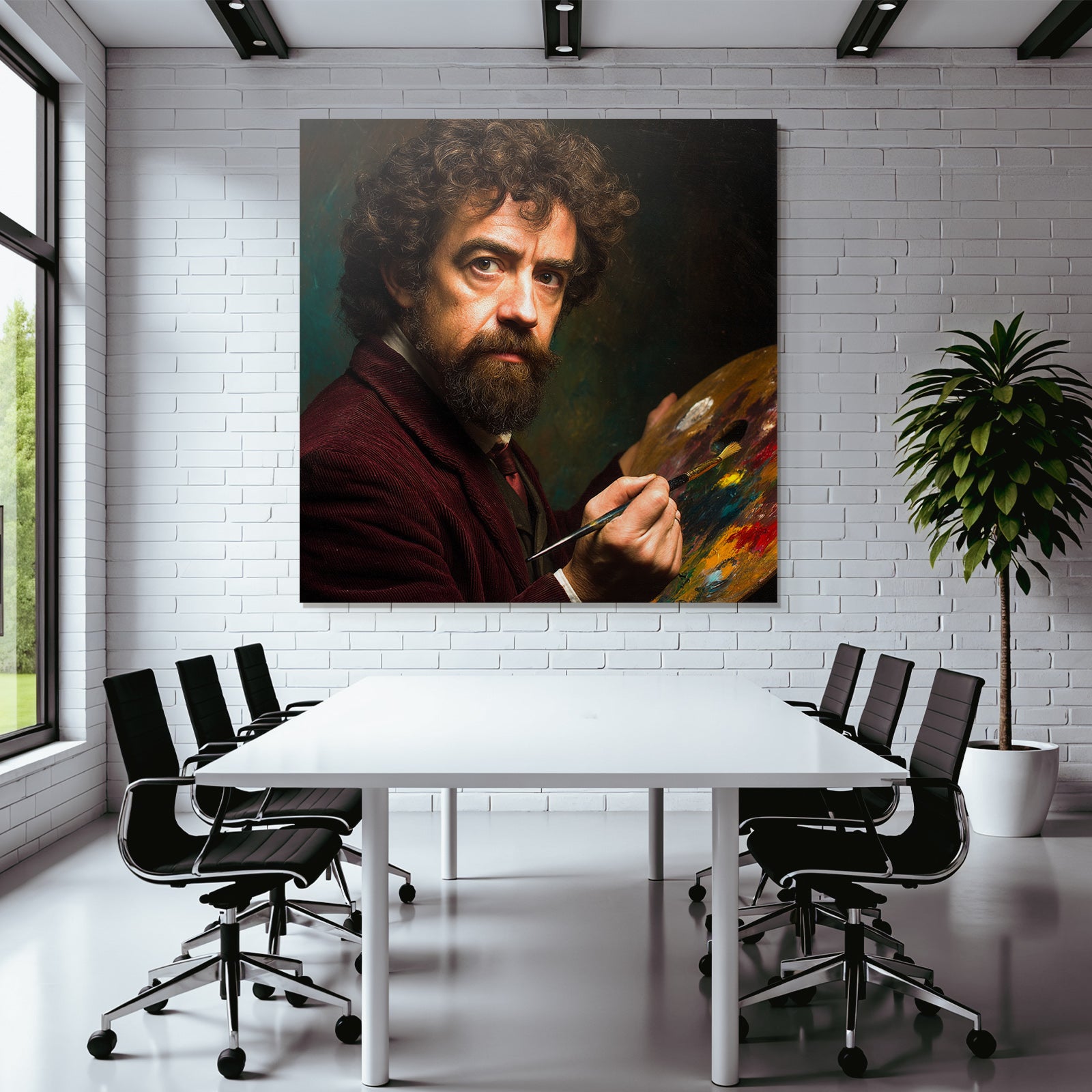 Man with curly hair and beard with paint palette and brush