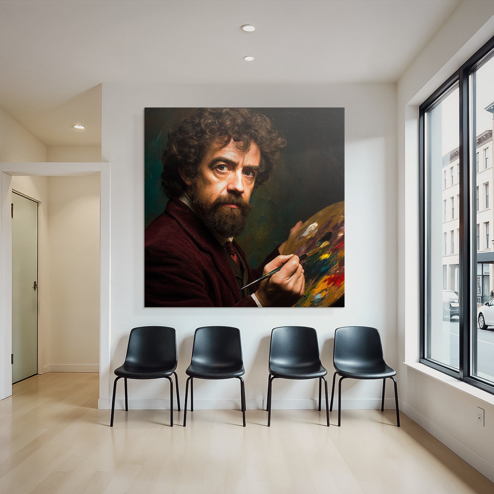 Man with curly hair and beard with paint palette and brush