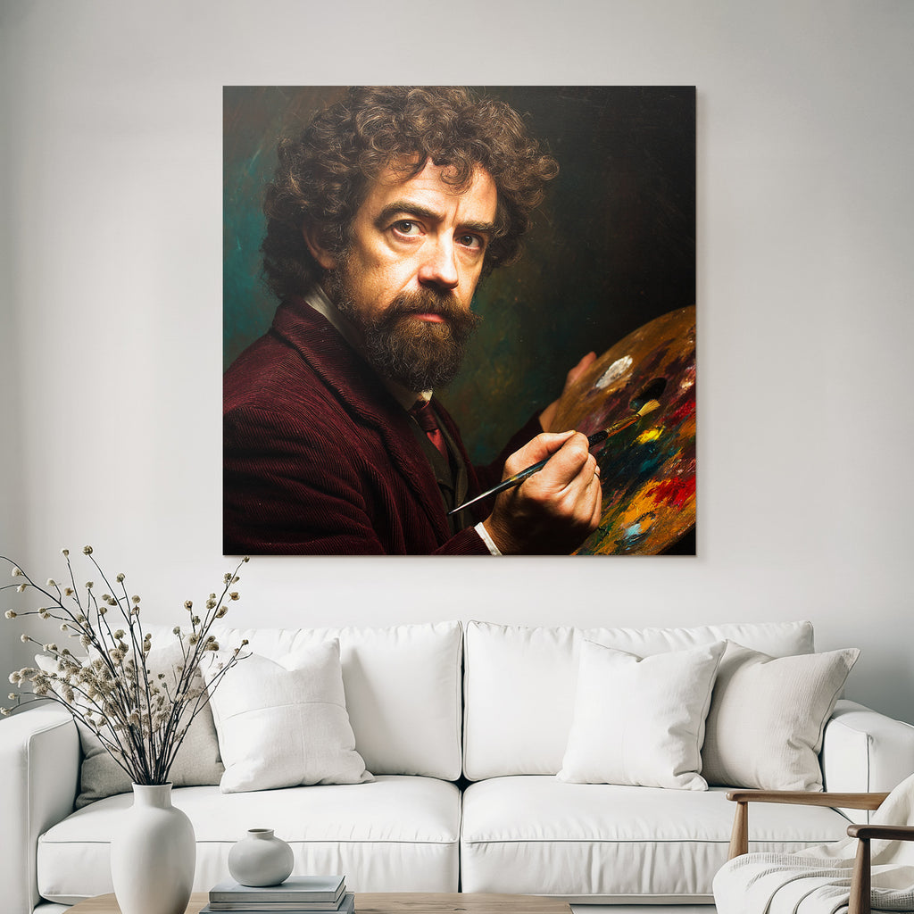 Man with curly hair and beard with paint palette and brush