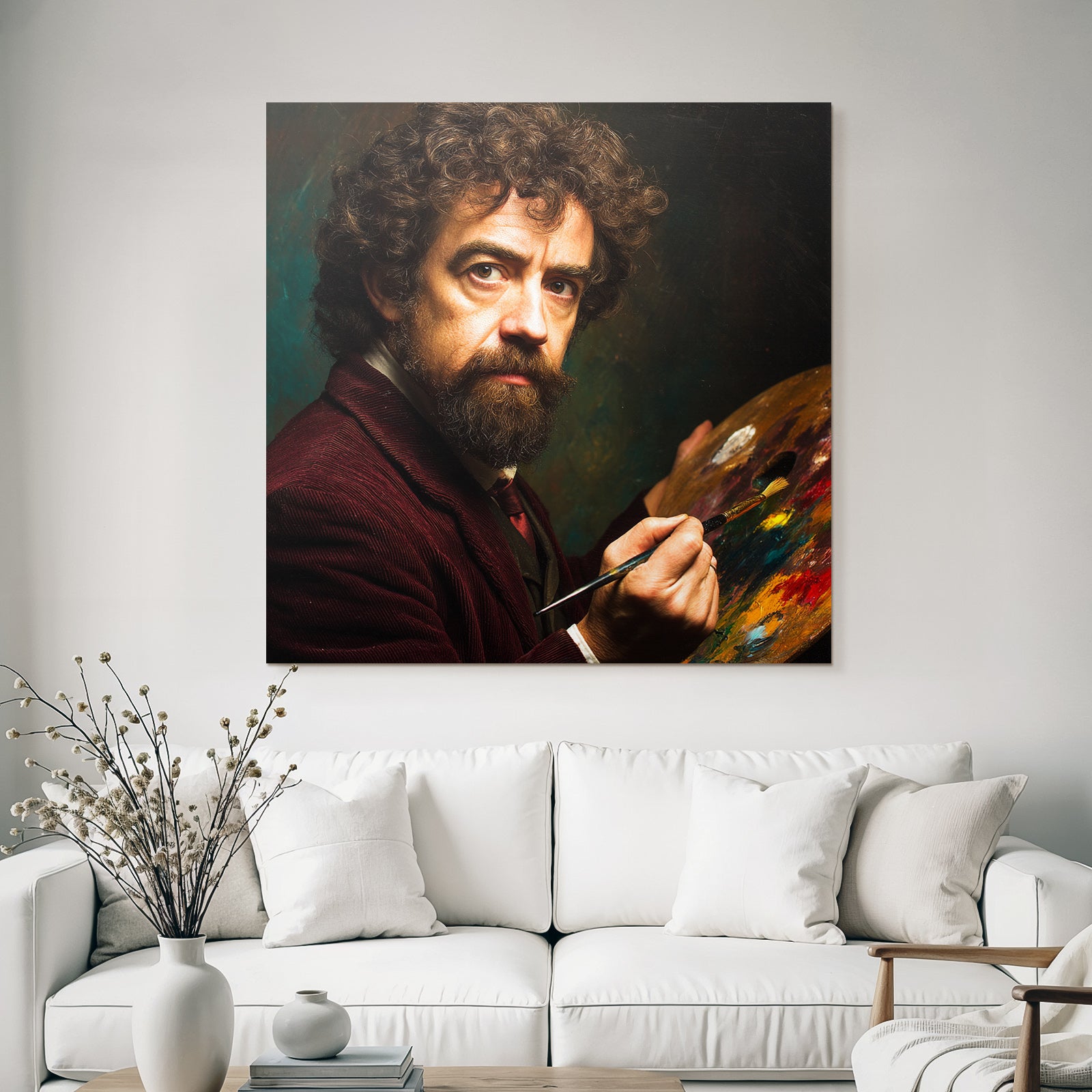 Man with curly hair and beard with paint palette and brush